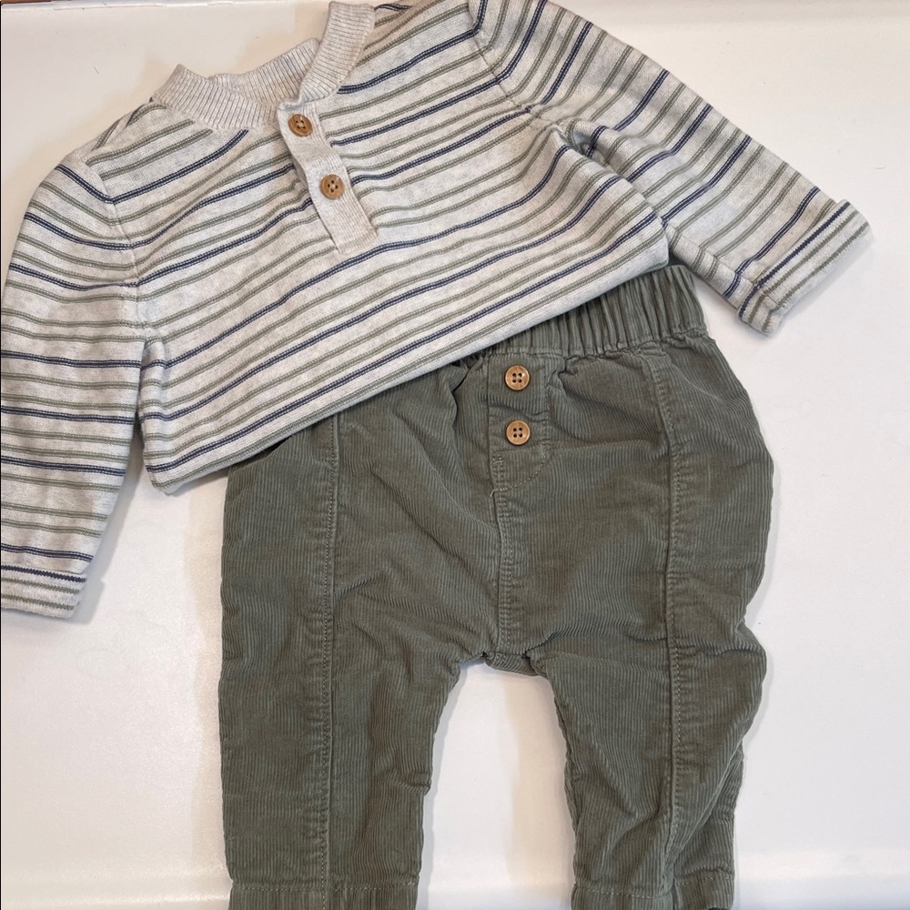 Striped Sweater with Green Corduroy Pants